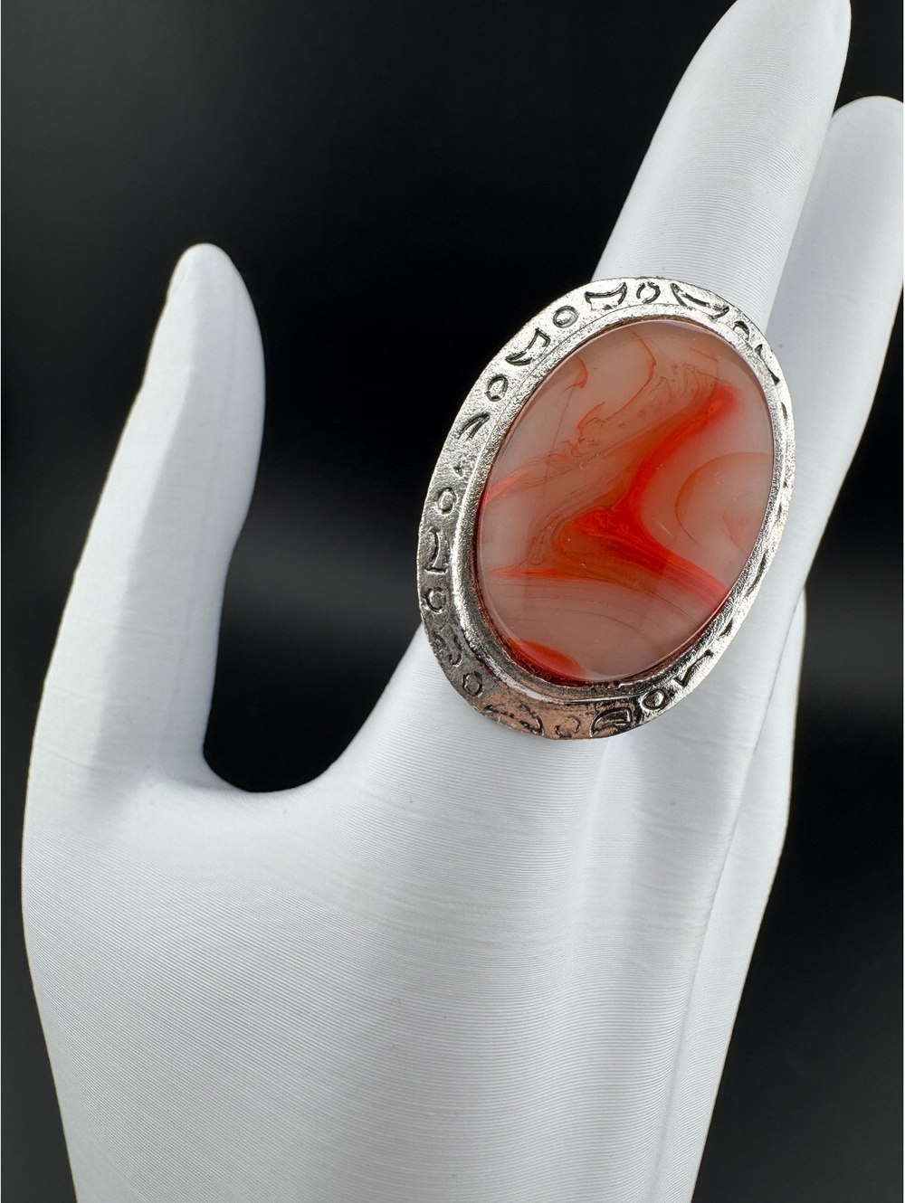 Large Oval Carnelian Stone Silver Tone Adjustable Ring